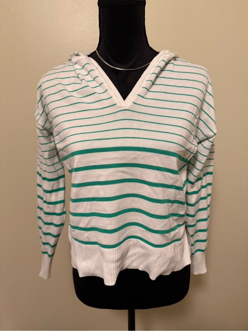 Striped V-Neck Hooded Sweater in White and Teal